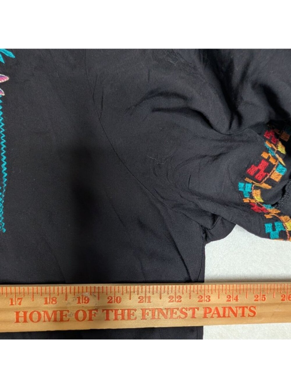 Boho Embroidered Black Mini Dress V Neck Short Sleeve Floral Casual Peasant XL S - Picture 5 of 13